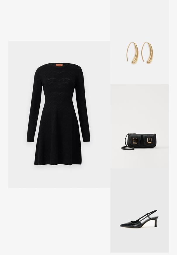 Fekete, hosszú ujjú ruha, amely texturált cikk-cakk mintázattal, kerek nyakkivágással és A-vonalú sziluettel rendelkezik. Puha kötött anyag.; Fekete lakk slingback sarok, hegyes orral, texturált kígyómintával, állítható pánttal és rövid, texturált tömbsarkal.; Fekete bőr keresztbody táska két elülső zsebbel, arany csattokkal, cipzáras záródással és vékony pánttal. Textúrált felület és kompakt téglalap alak.; Aranyszínű fémből készült karika fülbevalók ívelt, hosszúkás formával. Simaságával és fényes felületével, valamint lekerekített végével további részletekkel bővül.