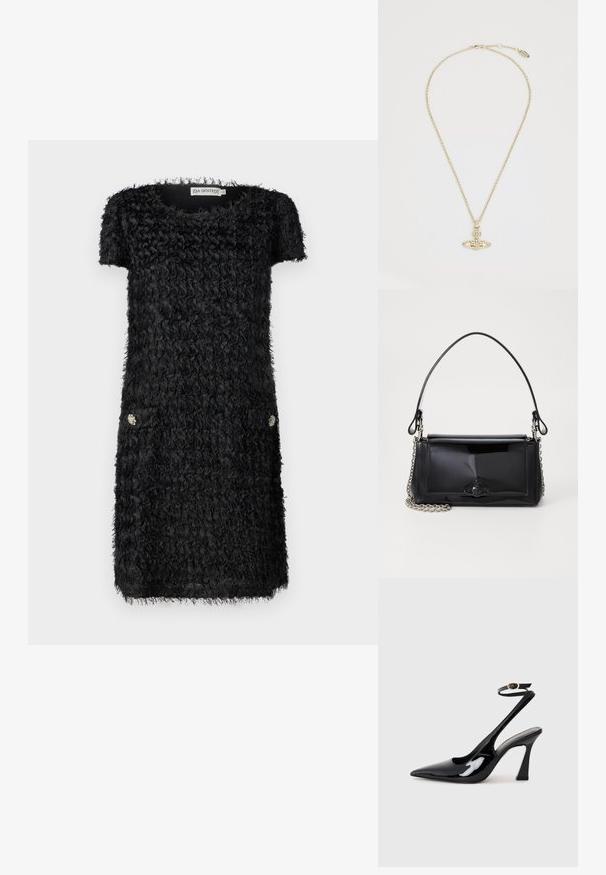 Juoda suknelė trumpomis rankovėmis, tekstūruotas audinys su volangų detalėmis ir dviem priekinėmis kišenėmis su dekoratyviniais sidabro akcentais.; Juodai lakuoti slingback aukšti kulniukai su smailiu nosiu, reguliuojama čiurnos juostele ir vidutinio dydžio blokiniu kulnu. Lygus paviršius su blizgiu apdaila.; Juodas lakinės odos rankinės ilgis stačiakampis, su grandinėlės dirželiu ir išskirtiniu metaliniu akcentu centre. Lygus paviršius.; Vivienne Westwood MAYFAIR BAS RELIEF PENDANT - Grandinėlė - gold-coloured