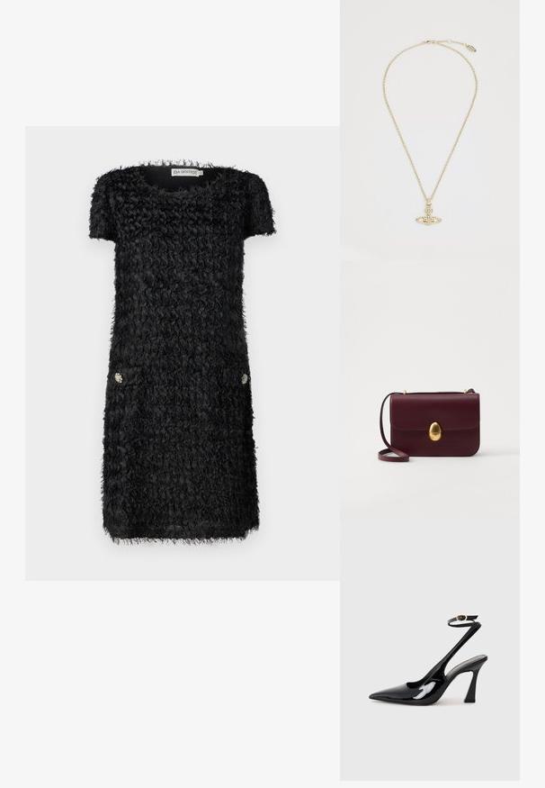 Fekete ruha rövid ujjakkal, texturált anyagból, fodros részletekkel és két elülső zsebbel, díszes ezüst kiegészítőkkel.; Fekete lakk bőrből készült, slingback magas sarkú cipők, hegyes orral, állítható bokapánttal és mérsékelt tömbsarkal. Simább textúra, fényes felület.; Burgundi bőr keresztpántos táska sima felülettel, ovális arany csattal és állítható pánttal, egyszerű téglalap alakú kialakítással.; Vivienne Westwood MAYFAIR BAS RELIEF PENDANT - Nyaklánc - gold-coloured