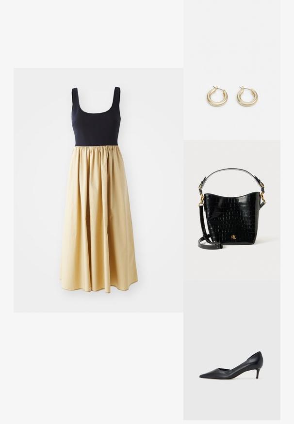 Sukienka bez rękawów z dopasowanym granatowym gorsetem i zwiewną, marszczoną żółtą spódnicą. Materiał z mieszanki bawełny, długość do podłogi, gładka faktura.; Czarny skórzany czółenek z szpiczastym noskiem i niskim obcasem. Charakteryzuje się gładką fakturą i subtelnym połyskiem. Przód z wycięciem dla dodatkowego detalu.; Czarna torba ze skóry z tłoczeniem w krokodylą skórę o zaokrąglonym kształcie, z akcentami ze złotego metalu, regulowanym paskiem oraz detalem logo z przodu.; Lauren Ralph Lauren BASIC SMALL HOOP - Kolczyki
