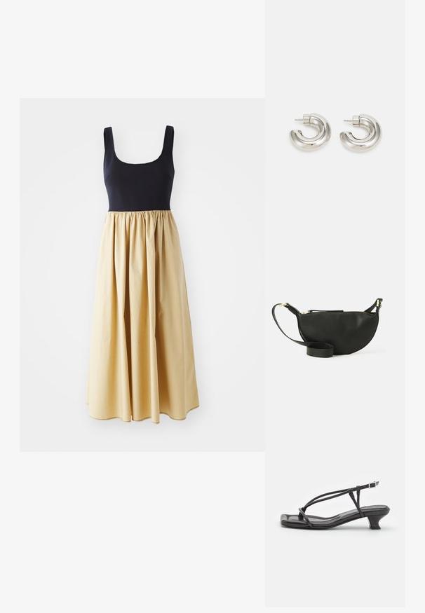 Šaty bez rukávů s těsným námořnickým živůtkem a splývavou, nařasenou žlutou sukní. Směsová bavlněná tkanina, dlouhá až na zem, hladká textilní struktura.; Černé kožené sandály s tenkými pásky, nízkým blokovým podpatkem a čtveratou špičkou. Obsahují přezku a mají hladkou texturu.; Černá kožená taška přes rameno ve tvaru půlměsíce, texturovaný povrch, zlatý zip a plochý popruh. Kompaktní design vhodný pro nezbytnosti.; Náušnice ve stříbrném odstínu ve tvaru hoop s hladkým, zakřiveným designem a texturovaným povrchem, které mají zapínání na hrot.