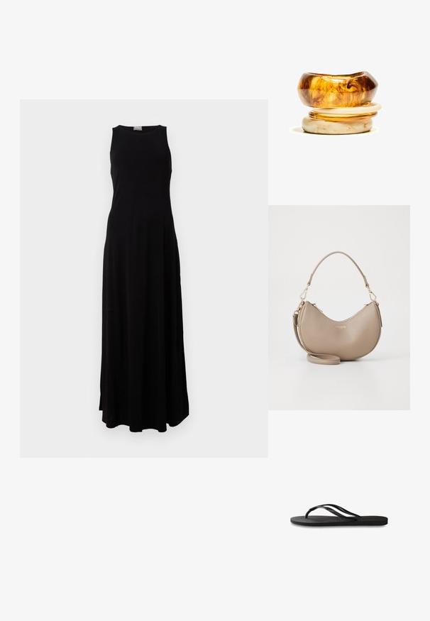 Černé bezrukávové maxi šaty s kulatým výstřihem, splývavým střihem, měkkou texturou a bez viditelných vzorů či ozdob.; Černé žabky s texturovanou gumovou podrážkou, dvěma štíhlými popruhy a jemným, embosovaným logem na popruhu.; Béžová kožená kabelka ve tvaru půlměsíce s horním zipem, odnímatelným ramenním popruhem a zlatým logem "Lacoste Paris" na přední straně.; Hromádka dvou prstenů; horní je jantaru s vířením a dolní je světle béžová; oba jsou hladké a lesklé pryskyřice.