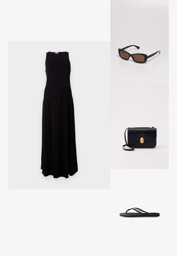 Must 黑色无袖长裙,圆领设计,流畅的轮廓,柔软的质地,无明显图案或装饰。; Mustad mustes suss, millel on tekstureeritud kummist põhi, kaks peenikest rihma ja tagasihoidlik, reljeefne logo detail rihmal.; Kilpkonnamustriga prillid, millel on stiilne kassisilma disain, pruunid objektiivid ja kuldne "RALPH" bränding templites. Sile plastikraam.; Must kase nahast käekott, millel on struktureeritud ristkülikukujuline kuju. Omab kuldset ovaalset lukku ja õhukest õlavarre rihma. Sile tekstuur.