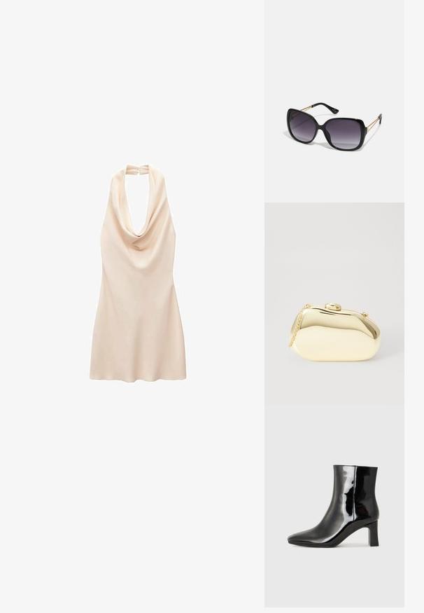 Mango Cocktailjurk - off-white; Zwarte gepolijste leren enkellaars met een spitse neus en een blokhak van gemiddelde hoogte. Glad textuur en minimalistisch ontwerp.; Zwarte oversized zonnebril met gradient glazen, dikke montuur en gouden kettingdetails op de pootjes.; Metalen gouden clutch met een gladde, ronde vorm, voorzien van een bovenste knoopsluiting en een kleine kettingband om mee te dragen.