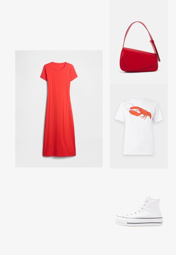 Vestido vermelho, de mangas curtas, até ao tornozelo, com decote redondo, exibido sobre um fundo branco.; Camiseta de algodão branca com um grande gráfico de lagosta vermelha brilhante na frente. Mangas curtas e design de gola redonda padrão.; Sapatilha alta de tela branca com sola de borracha preta, bico de borracha na frente e seis ilhós para os atacadores, apresentando um design limpo e minimalista.; Bolsa de mão em couro vermelho com um design angular e geométrico. Apresenta uma única alça ajustável e um fecho com aba, com detalhes cosidos.