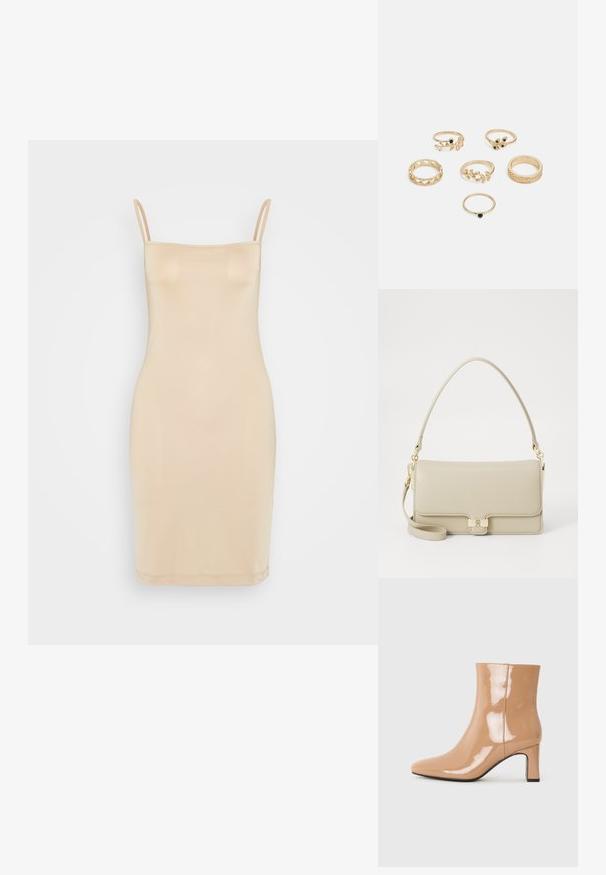 Nude obleka bodycon z tankimi naramnicami, brezšivna zasnova in gladka tekstura. Ima prilegajoč silhueto in dolžino do midi.; Nude patentne gležnjarje z ostrim nosom, bleščečo površino in srednje visokim blok peto. Gladka tekstura in eleganten silhuet.; Bežna usnjena torbica s strukturirano obliko, z zlatim zaklepom in odstranljivo naramnico. Gladka tekstura in minimalističen dizajn.; Nabor šestih zlatih prstanov z različnimi dizajni: pleteni, listni motivi in trdne nenaključene obroče; nekateri s poudarki iz zelenih draguljev.