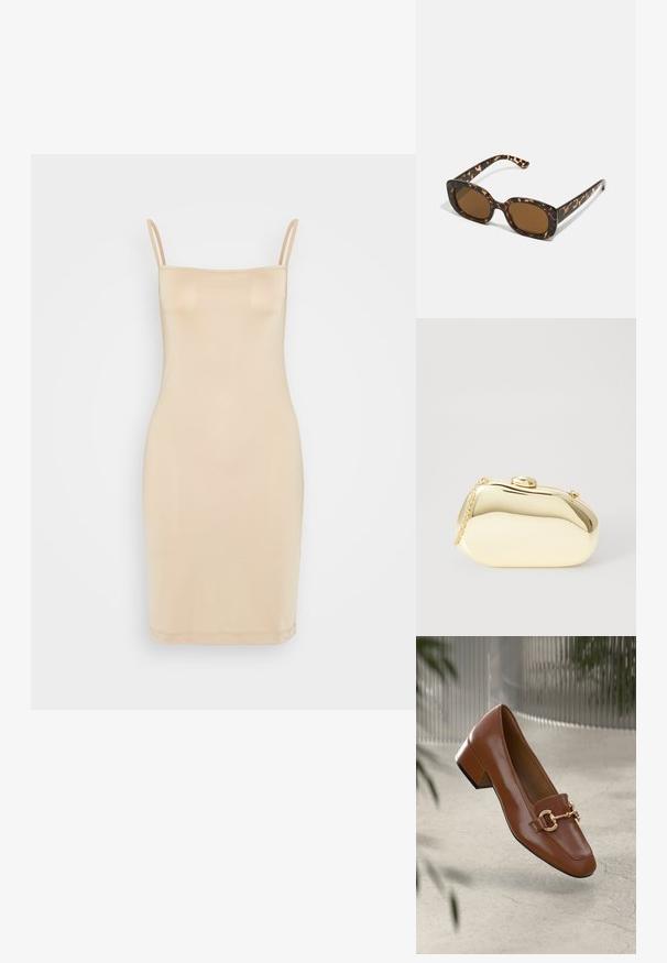 Nuogos kūno kontūro suknelės su plonomis petnešomis, be siūlių dizainu ir lygiu paviršiumi. Pabrėžia prigludusią siluetą ir midi ilgį.; Rudi lakinės odos loafer'iai su kvadrato formos nosimi, metalinėmis grandinėlių detalėmis ir žemu blokiniu kulnu; sklandus tekstūra, minimalistinis dizainas.; Kare klasikinės saulės akinių rėmeliai su apvalia, didesne forma ir rudais objektyvais. Yra subtilių raštų ir tiesių, siaurėjančių šonų.; Metalinis auksinis rankinukas su glotnia, suapvalinta forma, turintis viršutinį mygtuko užsegimą ir mažą grandinėlės dirželį nešiojimui.