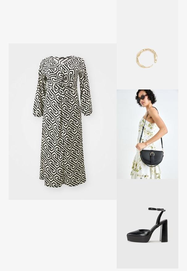 Mustvalge geomeetrilise mustriga kleit, pikad varrukad, sidumisega detail vööl, voolujooneline kangas, põlvest allapoole ulatuv.; Mustad platvormi kontsad terava ninaga ja reguleeritava pahkluuraamiga. Valmistatud siledast nahast, funktsioneerib massiivse plokknäheeliga.; Mustmust mustraha kõverate joontega, eemaldatava rihmaga ja kuldsete detailidega. Kotil on klapp, millel on pandladetail.; Kuldtoonis sõrmus, millel on orgaaniline, keerdunud disain sileda tekstuuri ja kitsenevate otstega, luues kaasaegse skulptuurilise välimuse.