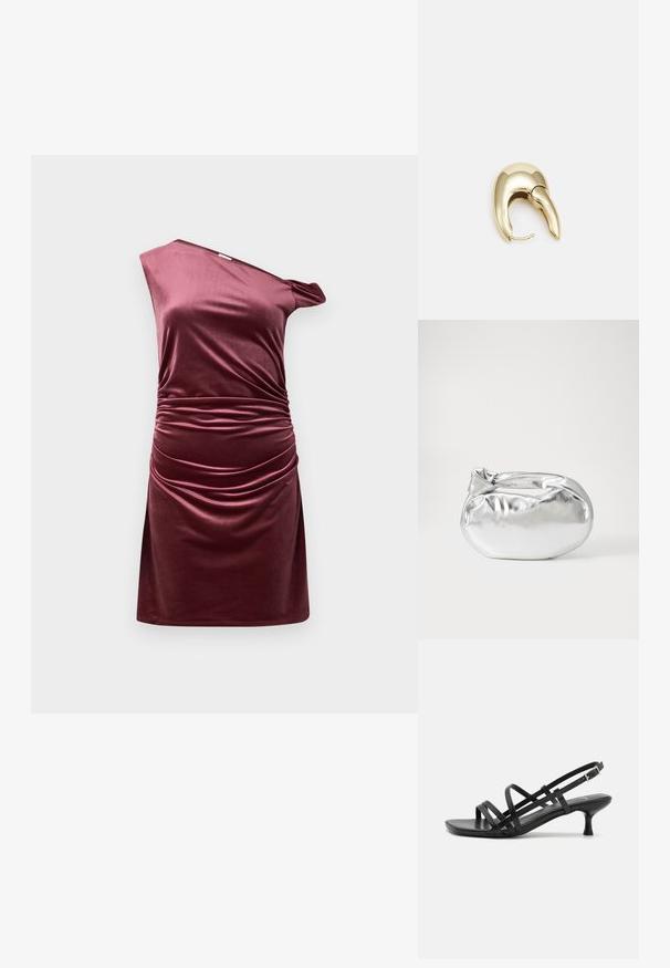 Nelyginio peties suknelė tamsiai burgundiškos spalvos veliūre, su susiraukšlėjimo detalėmis šone ir prigludančia siluetu.; Juodos aukštakulnės šlepetės su keliais perrištomis juostelėmis. Lygi medžiaga, smailas nosis ir siauras kulnas. Reguliuojama kulkšnies juostelė su sagtimi.; Sidabrinė metalinė maišelio forma su švelnia, apvalia forma ir mazgu užveriamu viršumi. Pagaminta iš lygios dirbtinės odos medžiagos.; Aukso tono metalinės auskarai su stilingu, kreiviu dizainu. Išsiskiria ryškiu smailiu pavidalu, poliruota paviršiumi ir užsegimu su vyriu.