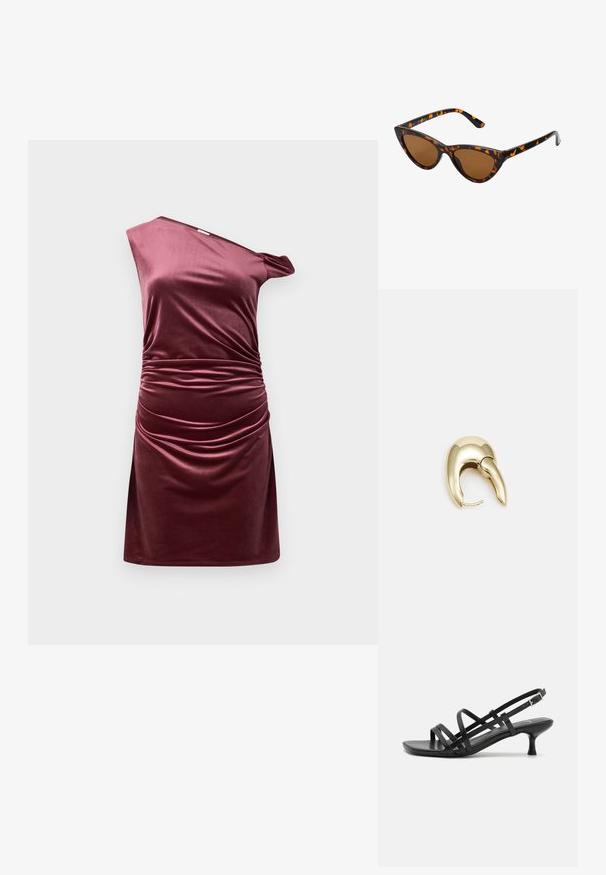 Asimetrisks ar vienu plecu tērps dziļā bordo samtā, ar savāktām detaļām sānos un piegulošu siluetu.; Melni papēžu sandales ar vairākiem krustveida siksnām. Gluda materiāla, norādīta purngala un šaura papēža. Regulējama potītes siksna ar sprādzīti.; Kaķa acs saulesbrilles ar melnu un oranžu bruņurupuču rakstu rāmi, brūnām lēcām un elegantiem, norādītiem galiem. Rāmī ir minimālists logos uz tempļa.; Zeltīti metāla auskari ar gludu, izliekta dizaina. Ar atšķirīgu smailu formu, pulētu virsmu un eņģu aizdari.