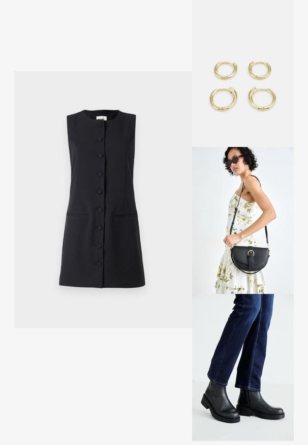 Mėlyna suknelė be rankovių, prigludusi prie kūno, iki kelių, su apvaliu iškirpimu, priekyje segama sagomis ir dviem šoniniais kišenėmis.; Juoda odinė kulkšninių botų su storu padu ir šoninėmis elastinėmis detalėmis, derinama su tamsiai mėlynomis džinsais. Žemė šviesios spalvos.; Juodas odinis krepšys su išlenkta forma, nuimamu dirželiu ir auksiniais detalėmis. Krepšys turi kilpą su sagtimi.; Auksiniai kabančių auskarai, keturios dalys, lygi apdaila, suapvalinta forma, įvairių dydžių, su pasukamu užsegimu, kad būtų lengva dėvėti.