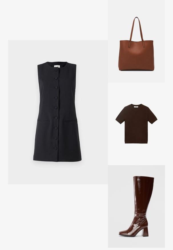 Crna haljina bez rukava, uskog kroja, do koljena, s okruglim izrezom, prednjim dugmadi i dva bočna džepa.; Smeđa pletena majica s kratkim rukavima i okruglim izrezom, s glatkom teksturom i jednostavnim dizajnom, bez uzoraka ili ukrasa.; Bordo lakirane čizme do koljena s kvadratnim vrhom, sjajnom završnom obradom i debelim potplatom za stabilnost. Bez šavova, bez vidljivih dijelova.; Smeđa kožna torba preko ramena s glatkom teksturom, otvorenim vrhom i dvjema naramenicama. Ima minimalne šavove i nema vidljivog hardvera.