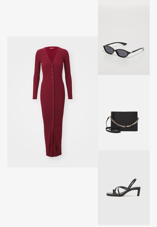 STAUD MAXI SHOKO - Džemperkleita - syrah; Melnas strappy sandales ar kvadrātveida purngaliem un zemu bloku papēdi. Ievērojamas ar vairākiem plāniem siksniņām un regulējamu potītes siksniņu. Izgatavotas no gludas ādas.; Melni saulesbrilles ar ovālām lēcām, tumši gradienta tonējumā, un šaurām kājām ar smalkiem zelta akcentiem. Gluda plastmasas apdare.; Melna ādas crossbody soma ar gludu faktūru, taisnstūrveida formu un metalizētu ķēdes detaļu priekšā. Iekļauta regulējama siksna.