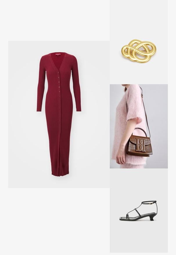 STAUD MAXI SHOKO - Kampsunkleit - syrah; Must värviline nahk sandaal ruudukujulise varbaga, õhukeste rihmadega, kohandatava pahkluu rihmaga ja madala kandaga. Rihmal on väike kuldne aktsent.; Pruun krokodillimustriga käekott koos ülemise käepideme ja õlavöödiga. Esiküljel on väljapaistev logo. Pehme tekstuur.; Kuldtoonis rinnatäht, millel on sõlmekujuline disain, sujuvad ja vaakumid jooned ning keeruline vorm, peegeldades poleeritud viimistlust.