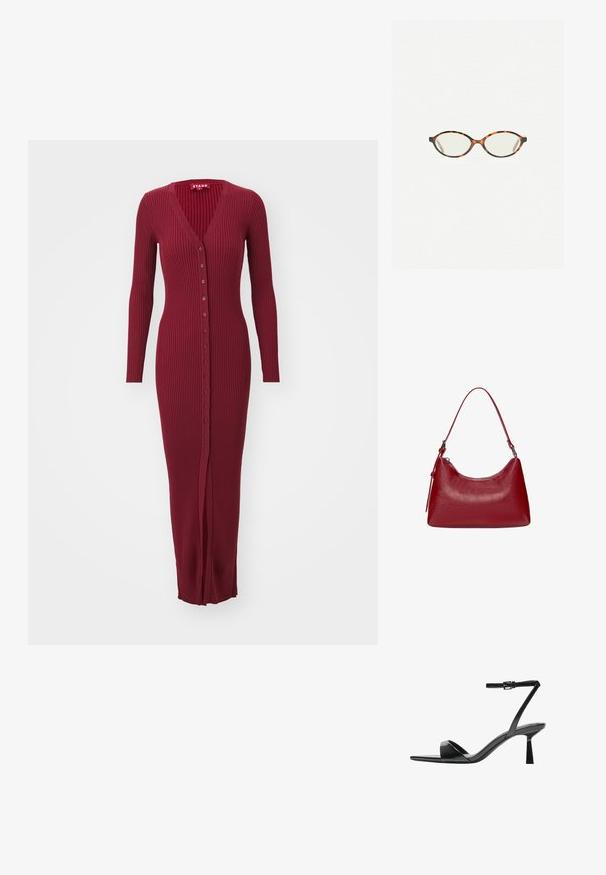 STAUD MAXI SHOKO - Pulóverruha - syrah; Bershka Magas sarkú szandálok - black; Tortábar színű szemüveg ovális lencsékkel és sima, elegáns felülettel. Vékony szárakkal rendelkezik, amelyeken finom ív található a halántéknál. Átlátszó lencsék.; Piros bőrből készült válltáska ívelt formával, sima textúrával és cipzáras záródással. Kiváló, vékony fogantyúval rendelkezik a hordozás érdekében.