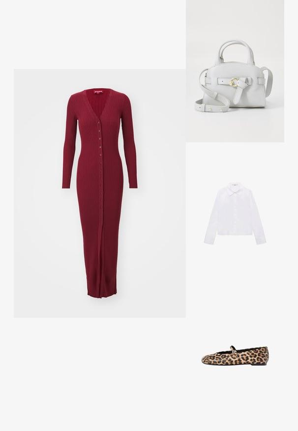 STAUD MAXI SHOKO - Robe pull - syrah; Chemise blanche à manches longues avec un col classique, patte de boutonnage centrale et tissu lisse, dotée d'un ourlet légèrement court.; Ballerines à imprimé léopard, avec une bordure noire autour de l'ouverture et une petite sangle avec une boucle métallique. Tige en textile texturé, semelle plate.; Sac à main en cuir gris clair avec un design structuré, des poignées supérieures et une bandoulière amovible. Présente des accessoires en métal doré et un détail de nœud à l'avant.