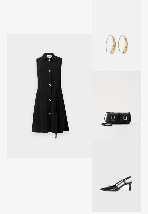 Sort ærmeløs kjole med krave, guldknapdetaljer foran og et stofbælte i taljen. Glat tekstur og A-formet snit.; Sorte patent slingback hæl med spids tå, prydet med tekstureret slangeskindsmønster, justerbar rem og en kort, tekstureret blokhæl.; Sort læder crossbody taske med to frontlommer, guldspænder, lynlåslukning og en slank rem. Struktureret overflade og kompakt rektangulær form.; Guldfarvede metal hoops øreringe med en bøjet, forlænget form. Har en glat, skinnende overflade og en afrundet spids for ekstra detalje.
