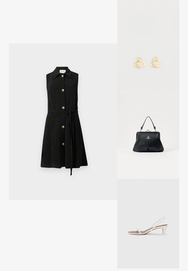 Melnā bezpiedurkņu kleita ar apkakles izgriezumu, zelta pogu akcenti pa priekšu un auduma josta viduklī. Gluda tekstūra un A formas siluets.; Baltas siksnas sandales ar nelielu papēdi, plānām siksniņām un gludu ādas tekstūru; ar nelielu dekoratīvu sprādzi.; Melnas ādas rokassoma ar teksturētu virsmu, sudraba detaļām, aizdares slēgšanu un īsu rokturi nēsāšanai. Kompakts un strukturēts dizains.; Zelta tonis stud auskari ar Saturn dizainu, kuram ir teksturēta josla un iebūvēti apaļi kristāli, lai pievienotu mirdzumu.