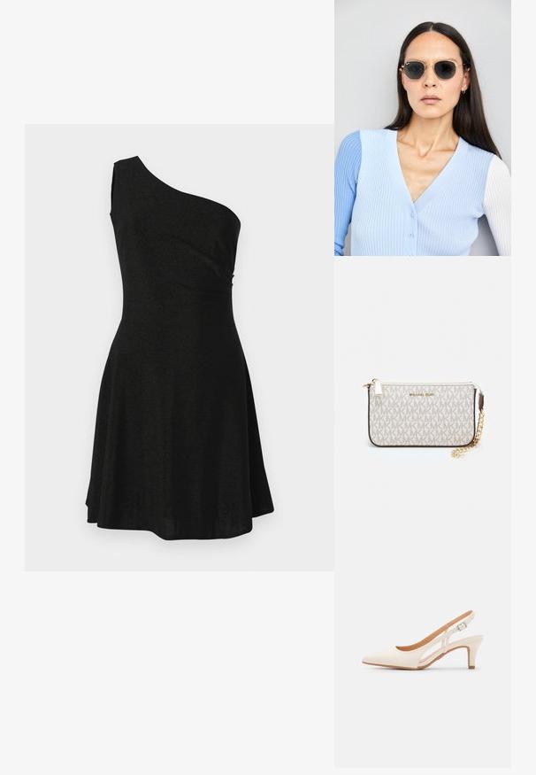 Čierne jednoramenné šaty vyrobené z ľahkej, hladkej tkaniny; priliehavý korzet prechádza do rozšírenej sukne, ktorá obsahuje jemné záhybové detaily.; Biele slingback topánky na podpätku s ostrou špičkou, hladkým vrchným materiálom, nízkym blokovým podpätkom a bočným výrezom s nastaviteľným remienkom na pracku.; Okrúhle slnečné okuliare s tmavými šošovkami a zlatým rámom. Modelka má na sebe svetlomodrý pletený kardigán s gombíkmi a bielymi rukávmi v kontraste.; Michael Kors zápästná taška v béžovej potiahnutej plátenej tkanine s opakujúcim sa vzorom loga MK, zlatým kovania a odnímateľným reťazovým popruhom.