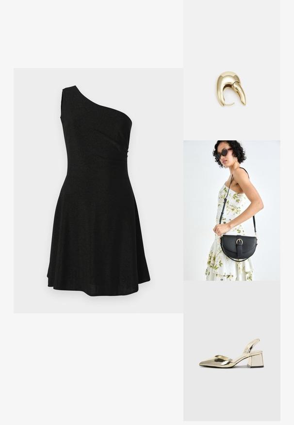 Musta yhden olkaimen mekko, joka on valmistettu kevyestä ja sileästä kankaasta; istuva yläosa johtaa levenevään helmaan, jossa on pehmeitä laskostusyksityiskohtia.; Kultaiset, metalliset slingback-kengät, joissa on teräväkärkiset ja paksut korot. Sileä pinta, minimalistinen muotoilu ja kapea hihna.; Musta nahkainen käsilaukku, joka on kaareva muotoilultaan, irrotettavalla hihnalla ja kultaisilla yksityiskohdilla. Laukussa on läppä, jossa on solk yksityiskohta.; Kultahipuinen korvakoru, jossa on sulavalinjainen, kaareva muotoilu. Ominaisuuksiin kuuluu erottuva terävä muoto, kiillotettu pinta ja sarana kiinnitys.