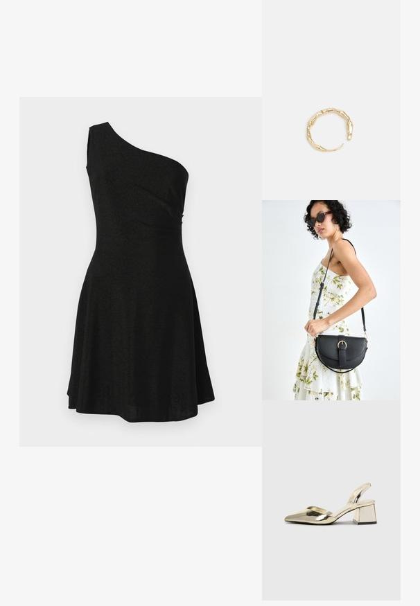 Črna obleka z enim ramenom, izdelana iz lahkotnega, gladkega materiala; prilegajoč top vodi do razširjenega krila, ki ima mehke drape detajle.; Zlati, kovinski slingback čeveljci z ostrim nosom in masivnim peto. Gladka tekstura, minimalistična zasnova in ozka zanka.; Črna usnjena torbica s ukrivljeno obliko, z odstranljivo naramnico in zlatimi dodatki. Torbica ima pokrov s podrobnostmi v obliki zaponke.; Zlati prstan s organskim, zvitim dizajnom, gladko površino in taperiranimi konci, ki ustvarja modernega, skulpturalnega videza.