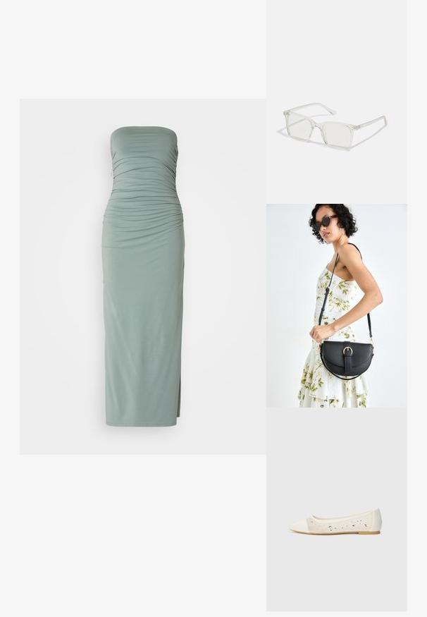 Vestido maxi sin tirantes, de tejido acanalado en suave color verde, con textura fruncida, diseño ajustado, abertura lateral y silueta hasta el tobillo.; Bailarinas de punta afilada en cuero crema con parte superior transparente adornada con cristales. Suela suave para mayor comodidad, diseño minimalista.; Gafas cuadradas de plástico transparente con lentes translúcidos, que cuentan con acentos dorados en las patillas para un detalle adicional.; Bolso de piel negra con forma curva, correa desmontable y herrajes dorados. El bolso cuenta con una solapa con un detalle de hebilla.