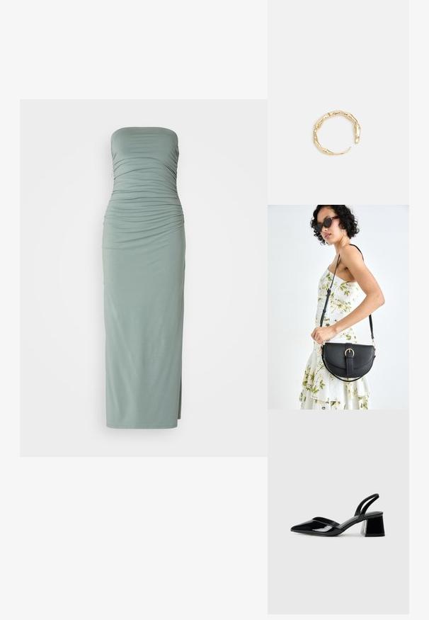 Sukienka maxi bez ramiączek, prążkowana, w miękkim zielonym materiale z marszczonym wykończeniem, dopasowanym fasonem, rozcięciem z boku i długością do kostek.; Czarne lakierowane półbuty na obcasie z wydłużonym noskiem i geometrycznym słupkiem. Charakteryzują się eleganckim, minimalistycznym designem oraz gładką fakturą.; Czarna skórzana torebka o zakrzywionym kształcie, z odpinanym paskiem i złotymi akcentami. Torebka posiada klapę z zapięciem w kształcie klamry.; Pierścionek w odcieniu złota z organicznym, skręconym wzorem, o gładkiej fakturze i zwężających się końcach, tworzący nowoczesny, rzeźbiarski wygląd.