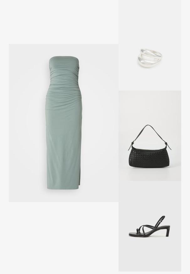 Strapless, ribbed maxi dress in soft green fabric with gathered texture, fitted design, side slit, and ankle-length silhouette.; Black strappy sandal with a square toe and a low block heel. Features multiple thin straps and an adjustable ankle strap. Made of smooth leather.; Black woven shoulder bag with a smooth leather strap and zipper closure. Features a textured surface and curved shape.; Silver double-band ring with a smooth, polished surface. Features a fluid, curved design with overlapping sections for a modern look.