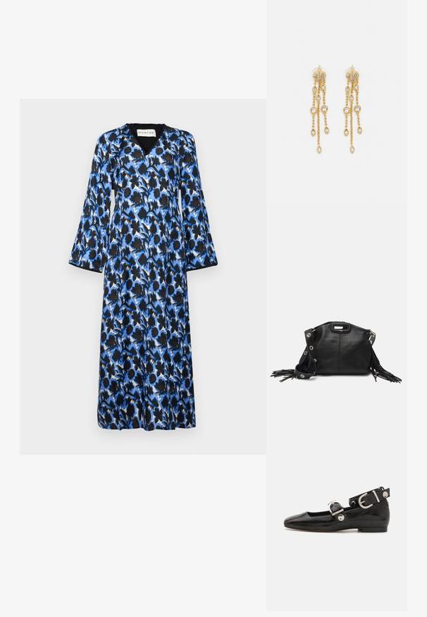 Zila ziedu raksta kleita ar garām piedurknēm, V veida kakla izgriezumu un plūstošu dizainu. Izgatavota no viegla auduma ar melnu apdari un kontrastējošiem elementiem.; Melnas laika patenta ādas dzīvokļu kurpes ar kvadrātu purngalu, potītes siksna ar sudraba furnitūru un platu zoli. Gluda tekstūra ar minimālu dizainu.; Maje MISS MINI - Plecu soma - noir; Zelta tonī auskari ar vairākiem kaskādes ķēdēm, kas rotāti ar caurspīdīgiem ovāliem rhinestone akcentiem un dekoratīvām pīrsingiem.