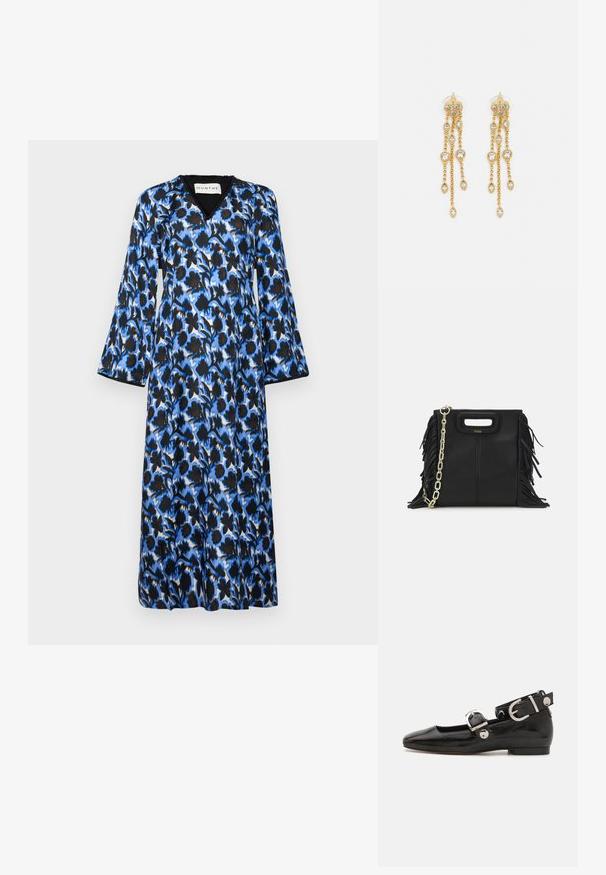 Μπλε φορεμα με λουλούδια, μακριά μανίκια, V-λαιμό, και ροή. Φτιαγμένο από ελαφρύ ύφασμα με μαύρη επένδυση και αντιθετικά στοιχεία.; Μαύρο παπούτσι με πατεντέ δέρμα, επίπεδη σόλα και τετράγωνη μύτη, με λουράκι στον αστράγαλο που διαθέτει ασημί εξαρτήματα. Λείο υλικό με μινιμαλιστικό σχέδιο.; Μαύρη δερμάτινη τσάντα με λεπτομέρειες φούντας, χρυσή αλυσίδα στον ώμο και κομμένο χερούλι. Διαθέτει τοποθέτηση λογότυπου στην πρόσοψη.; Χρυσές σκουλαρίκια με πολλαπλές καταρρακτώδεις αλυσίδες, διακοσμημένα με διαφανείς ωοειδείς ρινοστάτες και διακοσμητικές βάσεις.