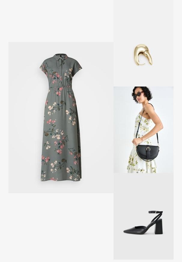 Žalsvas maxi suknelė, puošta gėlėmis rožinės ir kreminės spalvų atspalviuose, su apykakle ir trumpomis rankovėmis. Elastinga liemens detalė.; Juoda odinė smailiagalė aukštakulnio bateliai su kulkšnies dirželiu ir storu kulnu. Lygus paviršius, elegantiškas dizainas ir minimalistiška estetinė. ; Juodas odinis krepšys su išlenkta forma, nuimamu dirželiu ir auksiniais detalėmis. Krepšys turi kilpą su sagtimi.; Aukso tono metalinės auskarai su stilingu, kreiviu dizainu. Išsiskiria ryškiu smailiu pavidalu, poliruota paviršiumi ir užsegimu su vyriu.