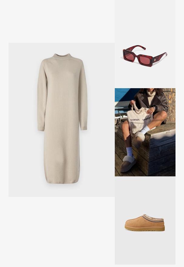 Bežs adīts kleitas ar augstu apkakli, garām piedurknēm un ribotām aprocēm. Piedāvā brīvu piegriezumu un taisnu apakšmalu. Mīksta tekstūra.; Kafijas krāsas zamšādas slip-on kurpes ar teksturētu vilnas oderi un dekoratīvu etniskā stila izšuvumu apkārt izsistumam. Aprīkots ar gumijas zoli.; Sarkanu nokrāsu taisnstūrveida saulesbrilles ar biezu čūsku raksta rāmīti. Iekļauj zelta krāsas akcentu uz tempļa. Gluda tekstūra un spīdīga apdare.; Bēša somiņa ar divreiz izdrukātu "SAMSOE", brūnas čības ar baltu kažokādas apdari, baltas zeķes un brūna aitas kažokādas mētelis uz koka virsmas.; Sudraba pulkstenis ar teksturētu baltu ciparnīcu, trim apakšpulksteņiem un zelta akcentiem. Iezīmē metāla acu siksna un minimālistisks dizains.