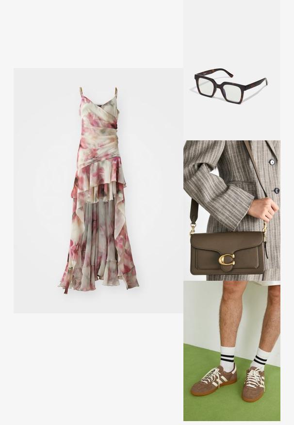 Löysä, kukkakuvioinen maksimekko vaaleanpunaisissa sävyissä läpinäkyvässä kankaassa. Omistaa kerroksellisia röyhelöitä, v-pääntien ja kultakoristellut hihnat.; Ruske nahkate sneakerit valkoisilla korostuksilla ja nauhoilla. Kumi-gumipohja. Yhdistetty valkoisiin sukkiin, joissa on mustia raitoja. Vihreä teksturoitu lattia.; Neliönmuotoiset aurinkolasit, joissa on kilpikonnakuosiset asetaattikehykset ja kirkkaat linssit. Varustettu leveillä temppeleillä ja mattapinnalla, mikä parantaa kokonaiskestävyyttä.; COACH TABBY SHOULDER BAG 26 - Käsilaukku - dark stone