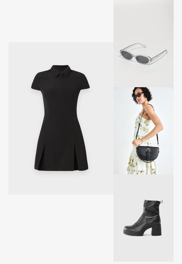 Čierne šaty s krátkym rukávom a golierom, s predným zipsom a dvoma prednými rozparkami. Vyrobené z hladkej, elastickej látky.; Čierne členkové topánky z hladkej kože, so bočným zipsom, robustnou textúrovanou pätnou časťou a zaobleným dizajnom špičky.; Slnečné okuliare oválneho tvaru, s priehľadným plastovým rámom, tmavošedými šošovkami a tenkými priehľadnými ramienkami s logovými akcentmi a minimálnym detailovaním.; Čierna kožená kabelka s zaobleným tvarom, odnímateľným popruhom a zlatými doplnkami. Kabelka má klopu s detailom s prackou.