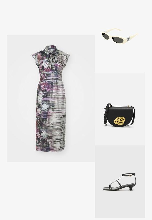Rochie cu model floral, cu guler înalt, mâneci scurte tip capac și detalii cu fundiță, având dungi verticale în nuanțe de mov, gri și alb.; Sandelă din piele neagră cu vârf pătrat, curele subțiri, curea ajustabilă la gleznă și toc mic. Prezintă un mic accent auriu pe curea.; Ochelari de soare de culoare crem, cu lentile ovale, nuanță neagră și accente metalice cu logo la temple. Textură netedă, design tip cat-eye.; Geantă de mână din piele neagră, cu o formă rotundă, având un mare nod decorativ auriu pe față și o curea ajustabilă.
