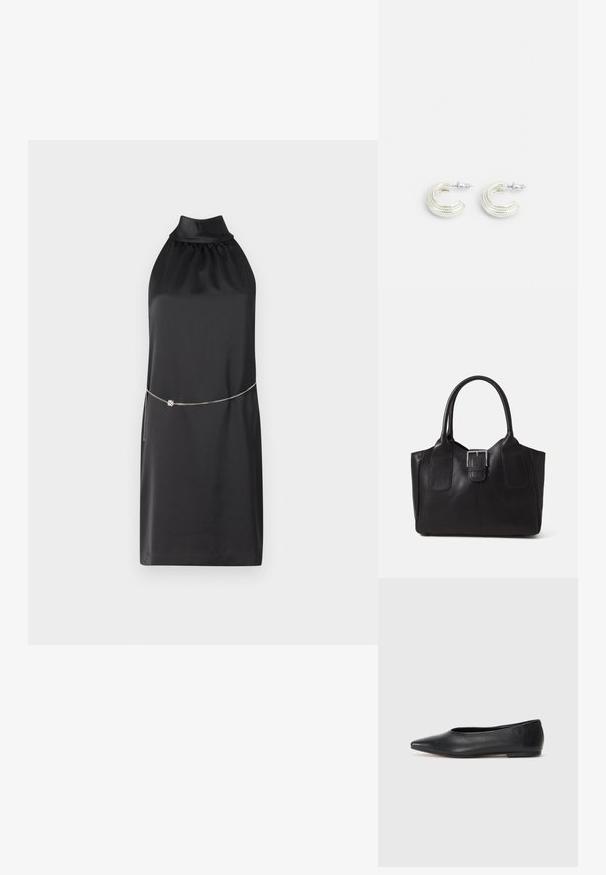 Černé saténové šaty s vysokým límcem a nařaseným designem. Vybaveny stříbrným řetízkovým páskem, který zvýrazňuje pas, s elegantní a jemnou texturou.; Černé kožené baleríny, špičatá špička, minimalistický design, hladký povrch, nízký podpatek, žádné viditelné kovové prvky nebo ozdoby.; Černá kožená tote taška s hladkým povrchem, strukturovaným tvarem, dvěma uchy a výrazným stříbrným detailem s přezkou na přední straně.; Stříbrné náušnice ve tvaru zkrouceného kruhu s texturovaným povrchem a rýhovanými detaily, uzamčené na klips.