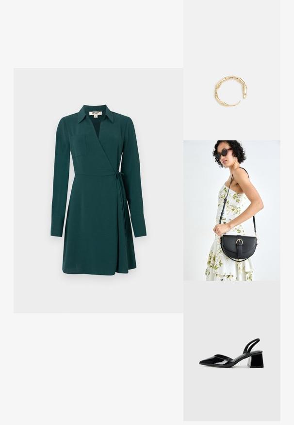 Žalia paketo suknelė su ilgomis rankovėmis, apykakle ir šoniniu raiščiu. Savybė - kišenė krūtinėje ir sklandus audinys su plaukiančia sijonu.; Juodos lakuotos odinės šlepetės su smailiu pirštu ir geometriniu bloko kulnu. Turi elegantišką, minimalistinį dizainą ir lygų paviršių.; Juodas odinis krepšys su išlenkta forma, nuimamu dirželiu ir auksiniais detalėmis. Krepšys turi kilpą su sagtimi.; Auksinės spalvos žiedas, turintis organišką, sukimosi dizainą su lygiu paviršiumi ir siaurėjančiais galais, sukuriantis modernią skulptūrinę išvaizdą.