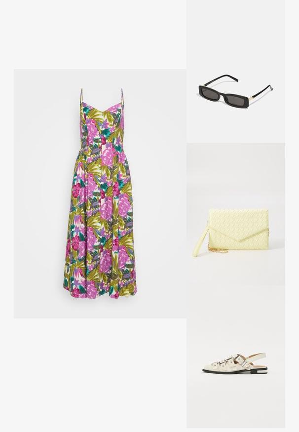 Ziedu maksi kleita ar plānām siksnām, kas rotāta ar dzīvīgu rozā un zaļu tropu rakstu, pogu detaļām un pieguļošu korpusu, kas pāriet plašā svārku daļā.; Baleta sandalītes baltā ādā ar vairākiem platām siksnām un sudraba sprādzēm; plakana zole ar mazu melnu papēdi un metalizētām akcentiem.; Melnas taisnstūra saulesbrilles ar tumšiem objektīviem, spīdīgām plastikāta rāmēm un zelta akcentiem tempļos. Minimalistisks dizains un eleganta forma.; Dzeltena austs kabata ar atloku dizainu, noņemamu plaukstas siksnu un zeltītu ķēdes akcentu. Gluda tekstūra un taisnstūra forma.; Zelta auskari ar gludu, spīdīgu apdari. Apaļš dizains, kas ietver mazu tapu un caurspīdīgu pamatni drošai valkāšanai.