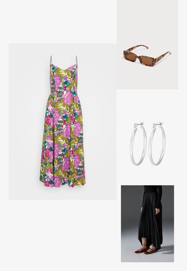 Vestido maxi floral con tirantes finos, que presenta un vibrante estampado tropical en tonos rosa y verde, detalles de botones y un cuerpo ajustado que fluye hacia una falda amplia.; Falda negra plisada con un dobladillo asimétrico, combinada con bailarinas rojas brillantes que tienen un diseño de tiras. La tela tiene una textura suave.; Gafas de sol de carey con lentes marrones rectangulares, un marco grueso y patillas delgadas que presentan un patrón de diferentes tonos de marrón.; Pendientes de aro de plata con un acabado liso y pulido. Forma redonda y cierre de click seguro. Diseño ligero adecuado para el uso diario.