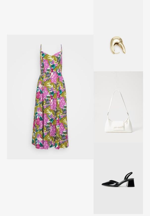 Blumenkleid im Maxiformat mit dünnen Trägern, ausgestattet mit einem lebhaften tropischen Druck in Pink und Grün, Knopfdetails und einem taillierten Oberteil, das in einen voluminösen Rock übergeht.; Schwarze Lackleder-Slingback-High Heels mit spitzem Schuh und einem geometrischen Blockabsatz. Verfügt über ein schlankes, minimalistisches Design und eine glatte Textur.; Weiße synthetische Handtasche in dreieckiger Form, flache Vorderklappe und Schleifendetail, verstellbarer Trageriemen, glatte Textur und minimalistisches Design.; Ohrringe aus goldfarbenem Metall mit einem schlanken, geschwungenen Design. Sie verfügen über eine markante, spitze Form, eine polierte Oberfläche und einen Scharnierverschluss.