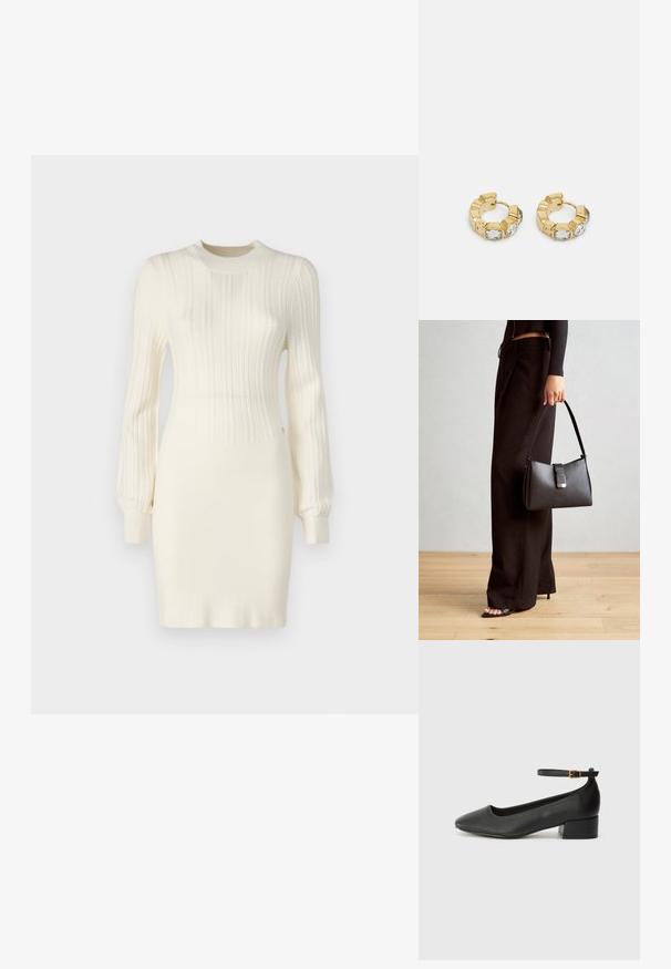 Trikotažna haljina u krem boji s rebrastom teksturom, dugih rukava, uskog kroja i okruglog izreza. Naglašena suptilnim detaljima.; Crne kožne pumpe s oštrim vrhom i niskom blok petom. Sadrže remen oko gležnja s zlatnim kopčanjem. Glatka tekstura.; Crna torba s oblikom koji sadrži strukturu, glađu teksturu i metalnu kopču. Uparena s širokim crnim hlačama i sandalama na otvorenom s drvenog poda.; Zlatne okrugle naušnice s teksturiranim dizajnom i tri prozirne kristalne akcenta s jedne strane, nudeći modernu geometrijsku estetiku.