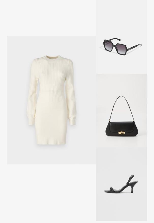 Rochie tricotată în crem, cu textură groasă, având mâneci lungi, o siluetă ajustată și un gât rotund. Accentuata cu detalii subtile.; Sandale cu toc înalt din piele neagră, cu un toc subțire și curbat și un design cu curea încrucișată. Curea la gleznă ajustabilă. Textură netedă.; Ochelari de soare hexagonali negri cu lentile graduat, având o finisare lucioasă și o marcă subtilă pe braț. Construcție din plastic durabil.; Geantă de mână din piele neagră, cu un design curbat, accesorii de culoare aurie și un mâner de sus. Dispune de o închidere elegantă și o textură netedă.