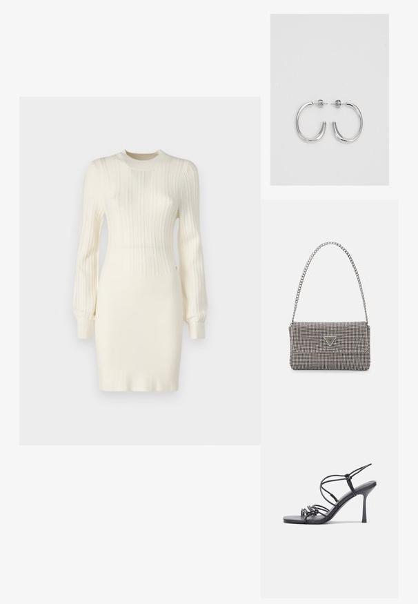 Abito a maglia color crema con texture a coste, dotato di maniche lunghe, silhouette aderente e colletto tondo. Evidenziato da dettagli sottili.; Sandali neri con tacco alto presentano sottili cinturini con design annodato, una punta quadrata liscia e un elegante tacco a spillo.; Borsa a mano metallica grigia chiara con tracolla a catena, impreziosita da piccoli chiodi metallici circolari e da un logo triangolare del marchio.; Orecchini a cerchio in argento con una finitura liscia e lucente. Forma arrotondata, design leggero, con chiusura a perno.