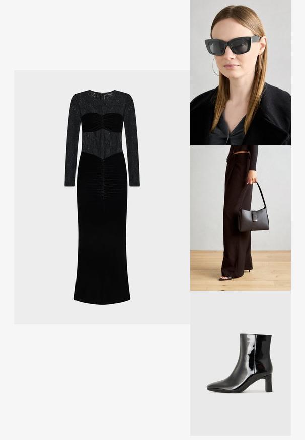 Vestido preto com parte superior em renda de mangas compridas e corpete em veludo com detalhes franzidos. Comprimento até ao chão com silhueta reta.; Botim de tornozelo em pele sintética preta com bico apontado e salto bloco de altura média. Textura suave e design minimalista.; Óculos de sol pretos em formato de gato com lentes escuras, armações grossas e acentos subtis. Usados com um casaco preto e uma blusa cinza, apresentando cabelo longo e liso.; Bolsa preta com forma estruturada, textura suave e um fecho metálico. Combinada com calças largas pretas e sandálias de salto aberto sobre um chão de madeira.