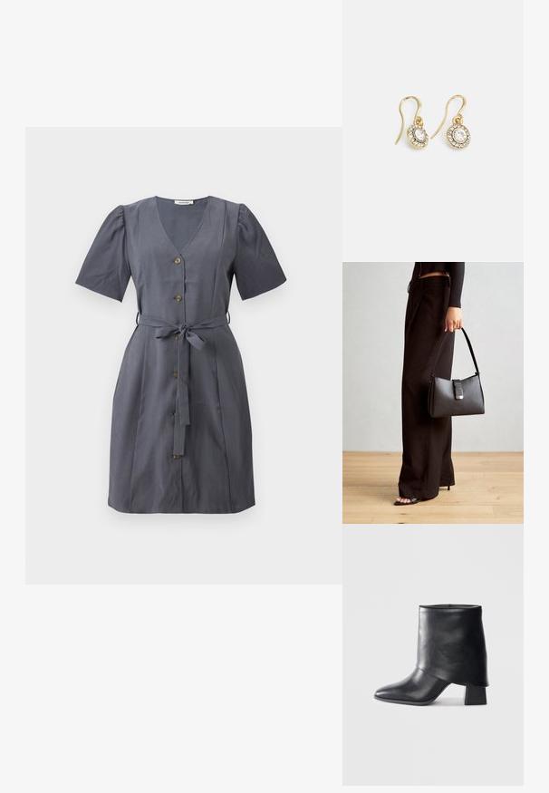 Hall grey kleit, millel on V-kaelus, lühikesed puffikätked, esipoolne nööpide rida ja kangast vöö. Sile tekstuur ja põlve pikkune disain.; Mustad nahast pahkluuring, millel on terav varvas, sile tekstuur ja struktureeritud plokknakk. Omab kõrget, volditud suud.; Must musta kott, millel on struktureeritud kuju, sile tekstuur ja metallist klamber. Kombineeritud laiate mustade pükstega ja avatud varvaste sandaalidega puidust põrandal.; Kuldtooni kõrvarõngad ovalikujuliste selgete kristallidega, mille ümber on väiksemad selged kivid, ja kaarvormiga disain, et tagada kindel kandmine.