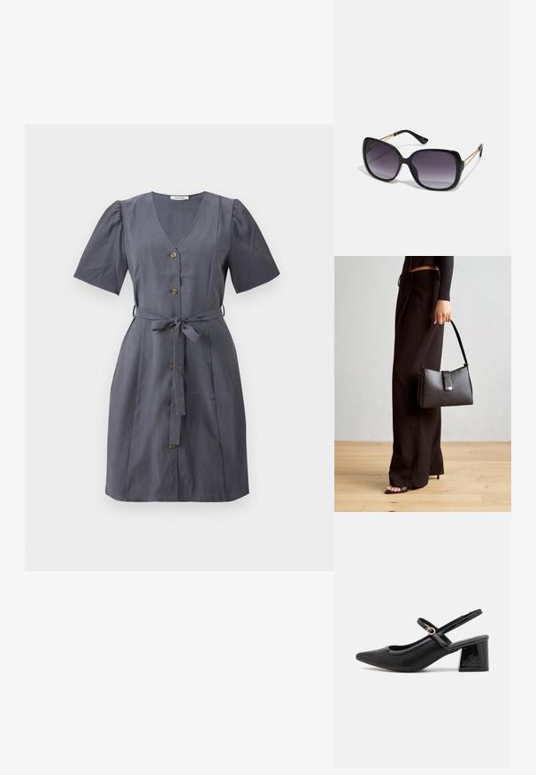 Vestido cinza com decote em V, mangas curtas bufantes, botões frontais e um cinto de tecido. Textura suave e desenho até ao joelho.; Sabrinas de cerâmica preta com salto bloco, bico apontado e um design com recortes arredondados. Apresenta um detalhe em fivela de tom dourado.; Óculos de sol oversized pretos com lentes degradê, armações grossas e detalhes em corrente dourada nas hastes.; Bolsa preta com forma estruturada, textura suave e um fecho metálico. Combinada com calças largas pretas e sandálias de salto aberto sobre um chão de madeira.