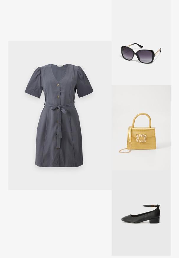 Šedé šaty s výstřihem do V, krátkými nabranými rukávy, předními knoflíky a látkovým páskem. Hladká textura a délka ke kolenům.; Černé kožené lodičky s špičatou špičkou a nízkým blokovým podpatkem. Obsahují pásek kolem kotníku se zlatou sponou. Hladký povrch.; Černé oversized sluneční brýle se gradientními skly, silnými rámy a zlatými řetízkovými detaily na nožičkách.; Žlutá kabelka z umělé krokodýlí kůže se strukturovaným designem, horním uchopem, odnímatelným řetízkovým popruhem a dekoračním krystalovým zdobením na zapínání.