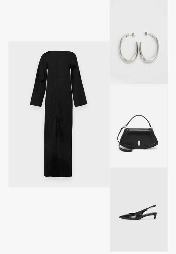 Black long-sleeve dress with a square neckline, made from textured fabric, featuring an asymmetric design detail on one sleeve.; Black leather slingback heels with a pointed toe, featuring a slim heel and a gold-tone accent on the adjustable strap. Smooth texture.; Black leather handbag with a structured design, featuring a cropped shape, top handle, and gold hardware accent. Adjustable shoulder strap included.; Silver hoop earrings with a smooth, curved design. Features a shiny metallic finish and stud closure. No visible patterns or accents.