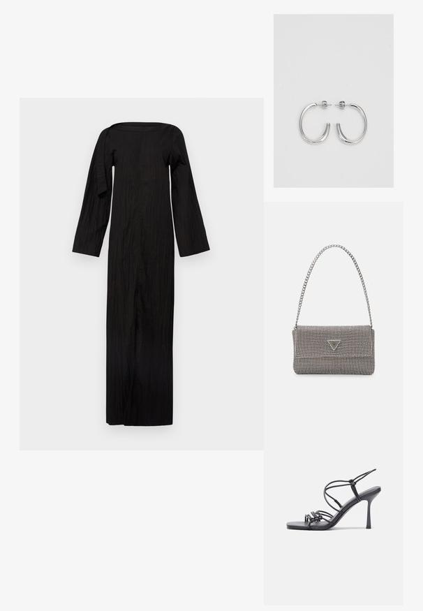 Abito nero a maniche lunghe con scollatura quadrata, realizzato in tessuto testurizzato, caratterizzato da un dettaglio di design asimmetrico su una manica.; Sandali neri con tacco alto presentano sottili cinturini con design annodato, una punta quadrata liscia e un elegante tacco a spillo.; Borsa a mano metallica grigia chiara con tracolla a catena, impreziosita da piccoli chiodi metallici circolari e da un logo triangolare del marchio.; Orecchini a cerchio in argento con una finitura liscia e lucente. Forma arrotondata, design leggero, con chiusura a perno.