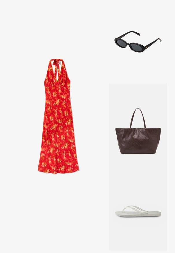 Abito estivo rosso a fiori con girocollo, dotato di un corpetto aderente e una gonna fluida, realizzato in tessuto leggero con una superficie liscia.; Infradito bianchi con suola testurizzata, caratterizzate da cinghie sottili e design piatto. Realizzate in gomma con un logo sottile sulla soletta.; Occhiali da sole neri oversize con lenti ovali, montatura in plastica liscia e accenti dorati sulle tempie. Le lenti scure offrono protezione dal sole.; Borsa tote in pelle intrecciata marrone con due manici, dalla forma strutturata e superficie texturizzata, caratterizzata da un motivo a diamante in tutto il suo corpo.; Collana in oro con catena, caratterizzata da gemme alternate di verde chiaro, rosa e trasparente. Ogni gemma è incastonata in una montatura circolare.